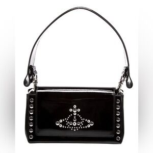 Vivienne Westwood Black Patent Silver Studded Shoulder Bag with Orb Detail